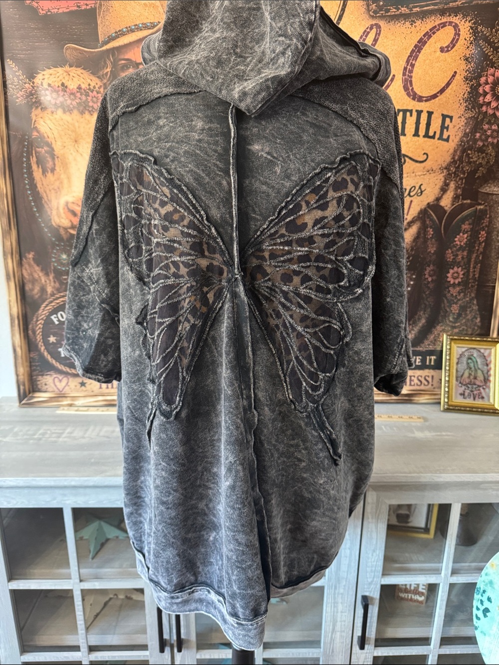 J HER Charcoal Acid Wash Cardigan Butterfly Cutout Hooded Jacket - Women Size 1X